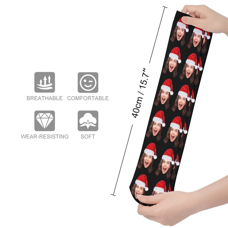 Custom Christmas Face Socks Christmas Hat Black Personalised Face Printed on Socks Sublimated Crew Socks Christmas Gifts