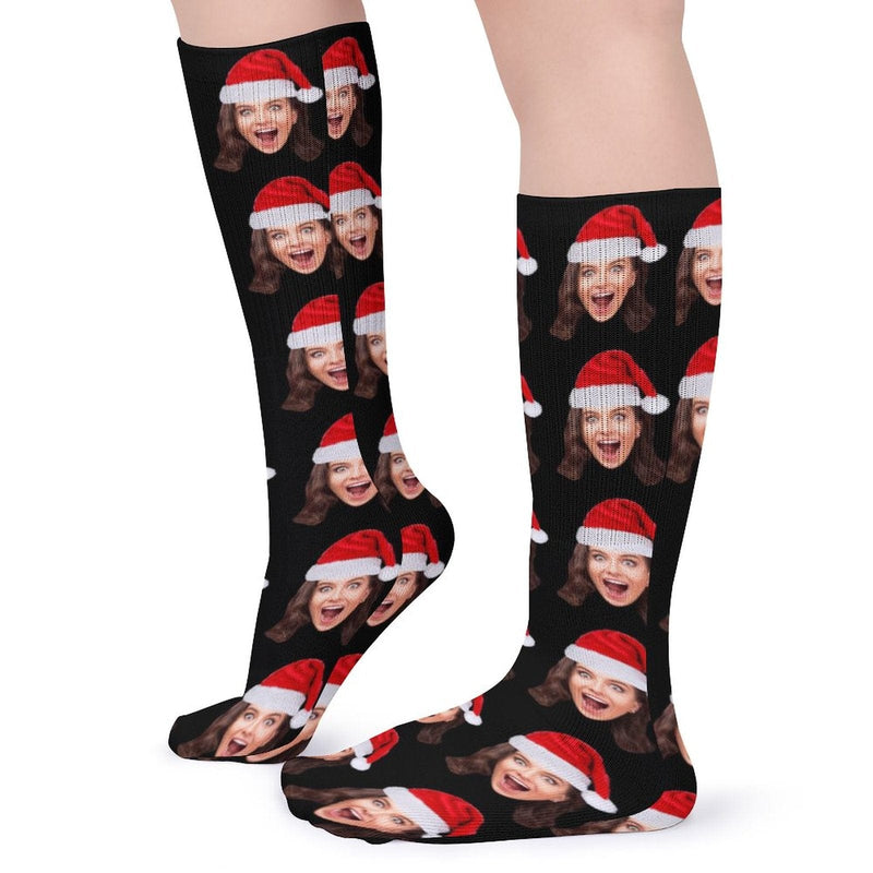 Custom Christmas Face Socks Christmas Hat Black Personalised Face Printed on Socks Sublimated Crew Socks Christmas Gifts