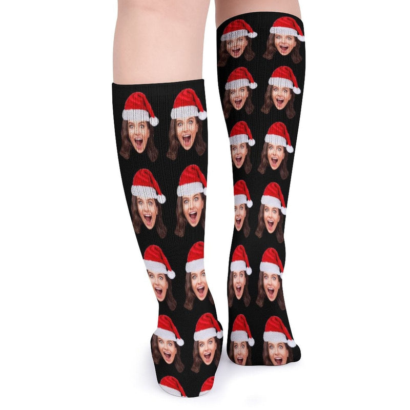 Custom Christmas Face Socks Christmas Hat Black Personalised Face Printed on Socks Sublimated Crew Socks Christmas Gifts