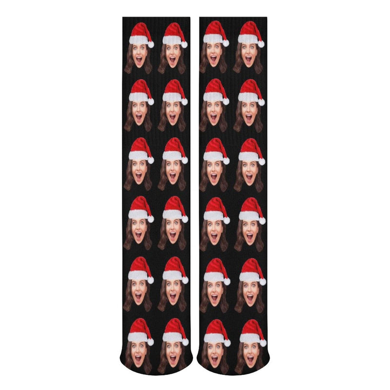 Custom Christmas Face Socks Christmas Hat Black Personalised Face Printed on Socks Sublimated Crew Socks Christmas Gifts