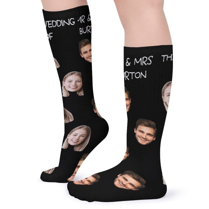 Custom Face&Name Couple Sublimated Crew Socks Black Background Socks Personalized Funny Photo Socks Gift