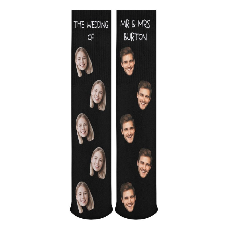 Custom Face&Name Couple Sublimated Crew Socks Black Background Socks Personalized Funny Photo Socks Gift