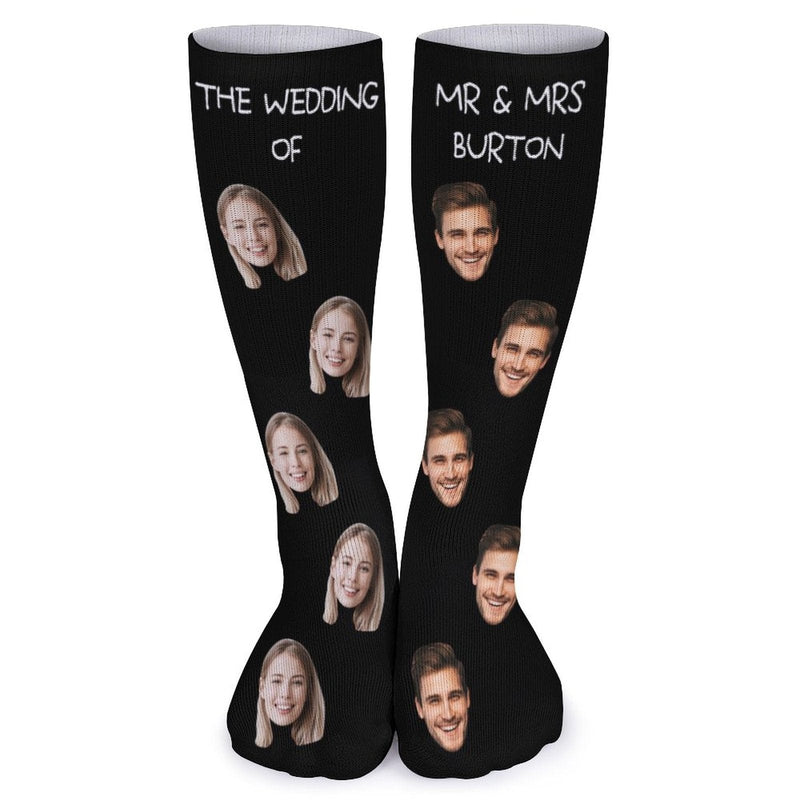 Custom Face&Name Couple Sublimated Crew Socks Black Background Socks Personalized Funny Photo Socks Gift