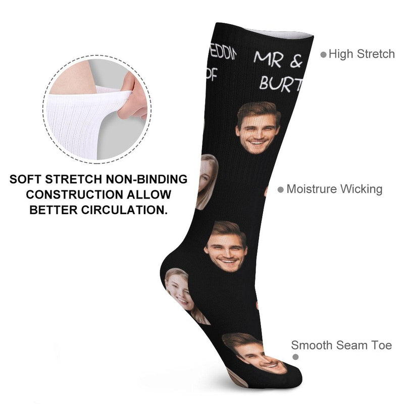 Custom Face&Name Couple Sublimated Crew Socks Black Background Socks Personalized Funny Photo Socks Gift