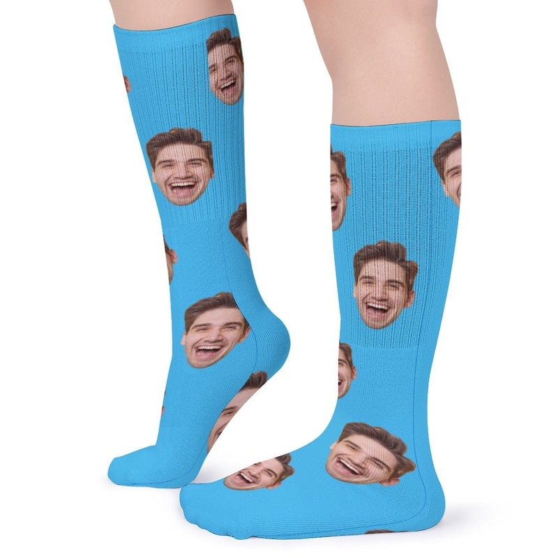 Custom Face Sublimated Crew Socks Blue Background Socks Personalized Funny Photo Socks Gift