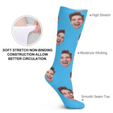 Custom Face Sublimated Crew Socks Blue Background Socks Personalized Funny Photo Socks Gift