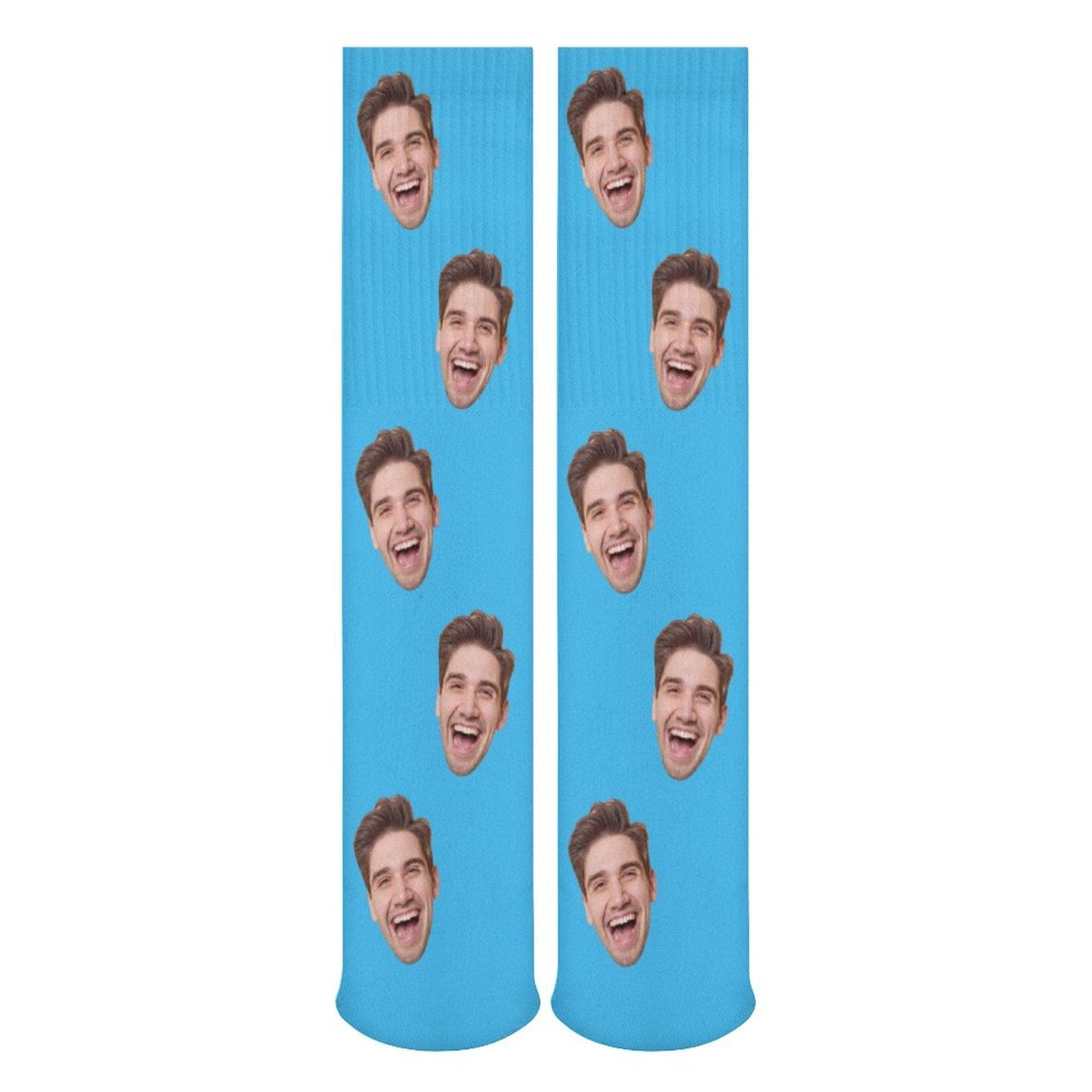 Custom Face Sublimated Crew Socks Blue Background Socks Personalized Funny Photo Socks Gift