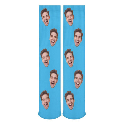 Custom Face Sublimated Crew Socks Blue Background Socks Personalized Funny Photo Socks Gift