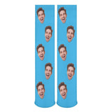 Custom Face Sublimated Crew Socks Blue Background Socks Personalized Funny Photo Socks Gift