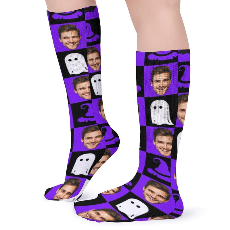 Custom Face Sublimated Crew Socks Purple Socks Personalized Funny Photo Socks Gift for Halloween