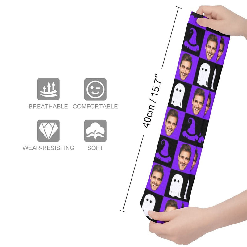 Custom Face Sublimated Crew Socks Purple Socks Personalized Funny Photo Socks Gift for Halloween