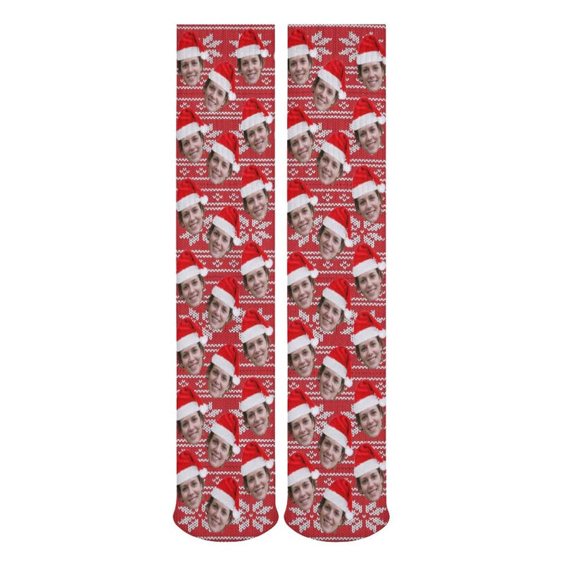 Custom Face Sublimated Crew Socks Red Hat Socks Personalized Funny Photo Socks Gift for Christmas