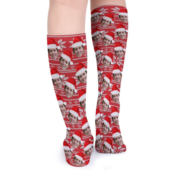 Custom Face Sublimated Crew Socks Red Hat Socks Personalized Funny Photo Socks Gift for Christmas