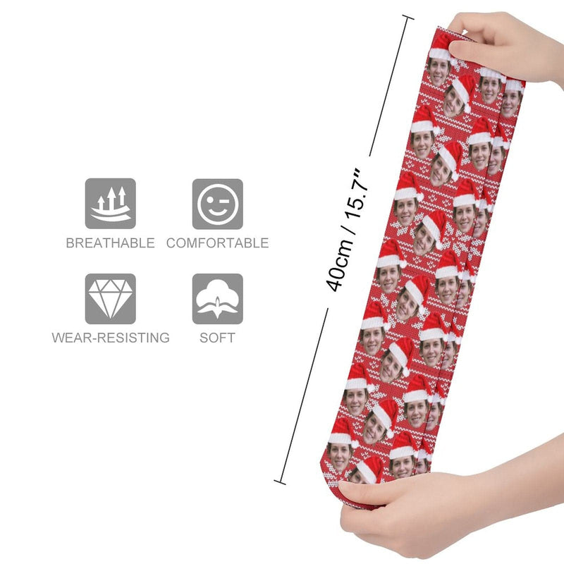 Custom Face Sublimated Crew Socks Red Hat Socks Personalized Funny Photo Socks Gift for Christmas