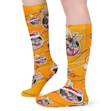 Custom Photo Line Yellow Sublimated Crew Socks Personalized Funny Photo Socks Gift for Christmas