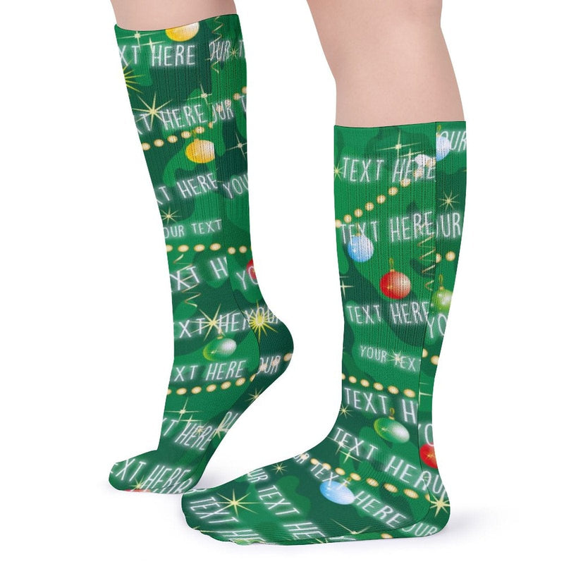 Custom Text Green Background Sublimated Crew Socks Personalized Socks Gift for Christmas