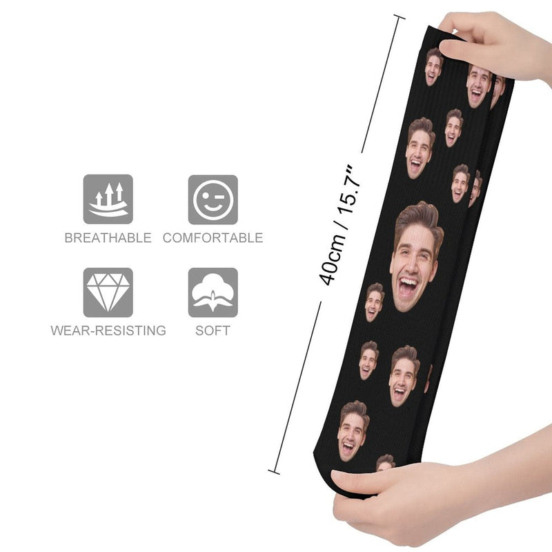 Face on Socks Custom Black Background Personalized Sublimated Crew Socks Gift Idea For Men Women