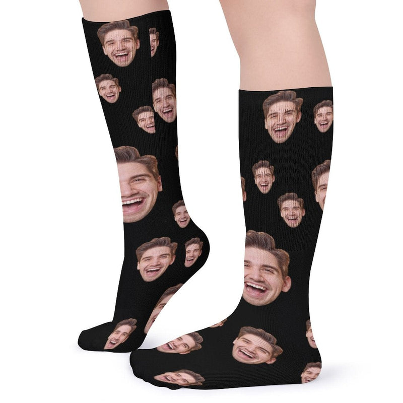 Face on Socks Custom Black Background Personalized Sublimated Crew Socks Gift Idea For Men Women