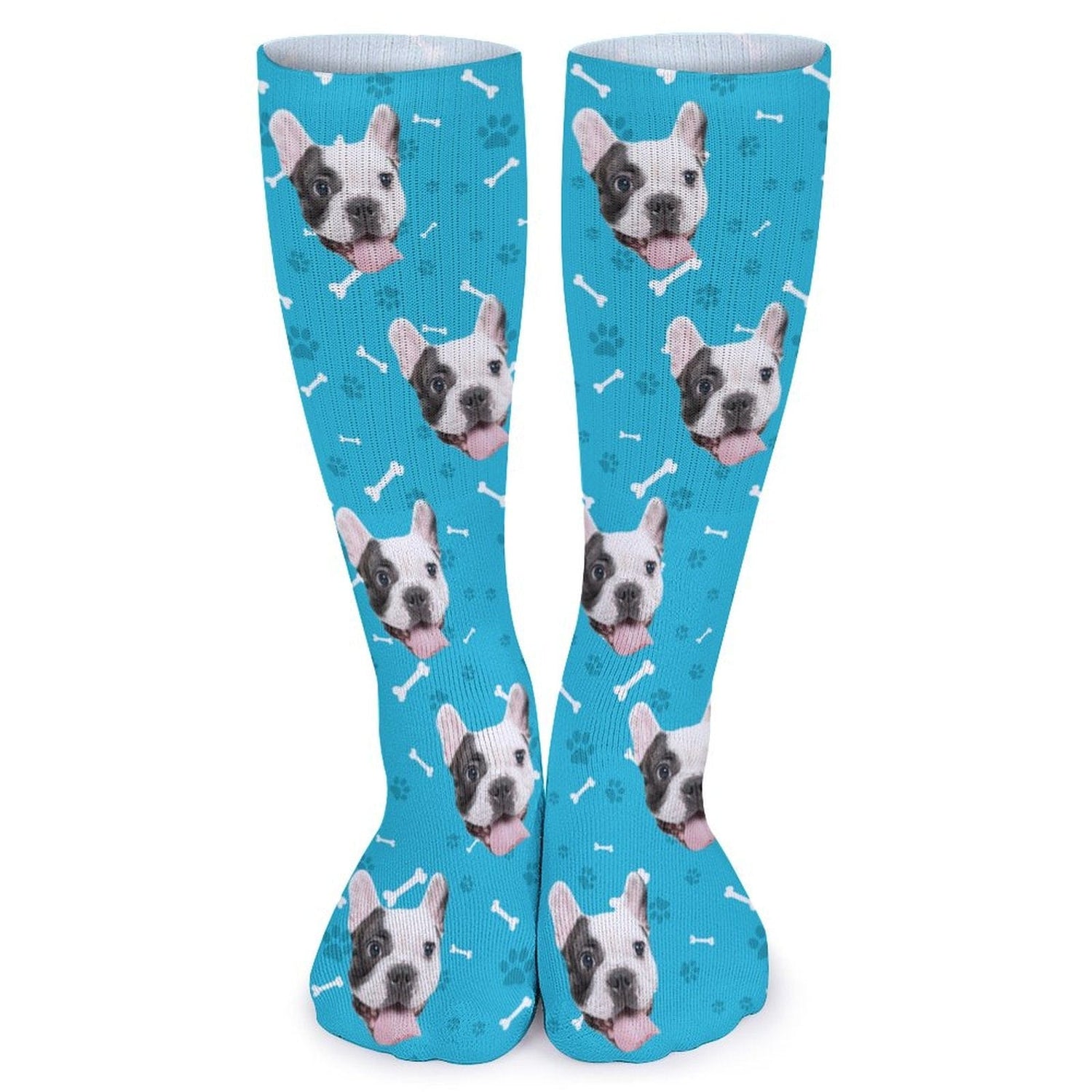 Personalised Pet Socks Dog Face Bone Blue Background Custom Sock with Dog Picture Sublimated Crew Socks