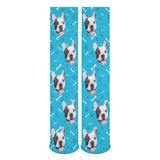 Personalised Pet Socks Dog Face Bone Blue Background Custom Sock with Dog Picture Sublimated Crew Socks