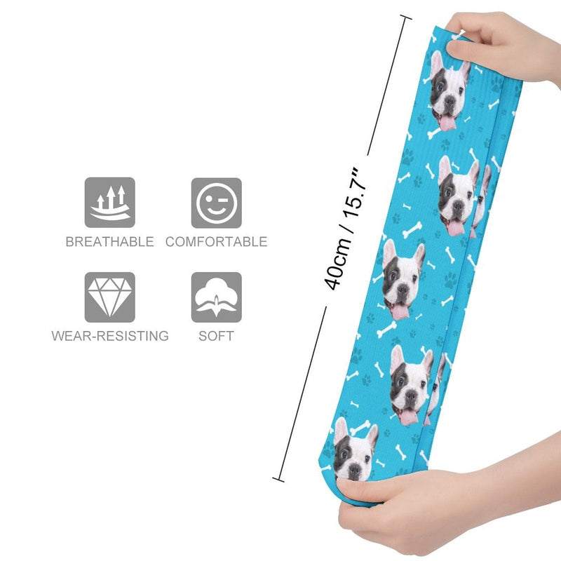 Personalised Pet Socks Dog Face Bone Blue Background Custom Sock with Dog Picture Sublimated Crew Socks