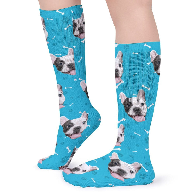 Personalised Pet Socks Dog Face Bone Blue Background Custom Sock with Dog Picture Sublimated Crew Socks