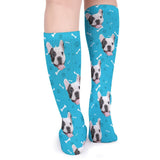 Personalised Pet Socks Dog Face Bone Blue Background Custom Sock with Dog Picture Sublimated Crew Socks