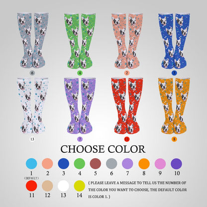 Personalised Pet Socks Dog Face Bone Blue Background Custom Sock with Dog Picture Sublimated Crew Socks