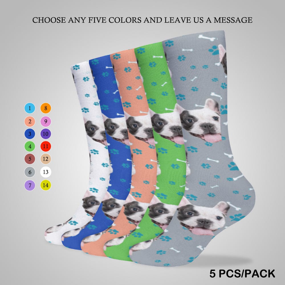 Personalised Pet Socks Dog Face Bone Blue Background Custom Sock with Dog Picture Sublimated Crew Socks