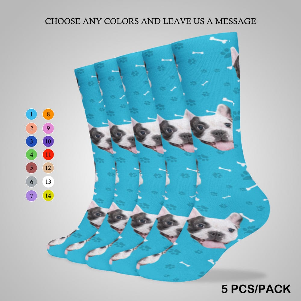 Personalised Pet Socks Dog Face Bone Blue Background Custom Sock with Dog Picture Sublimated Crew Socks