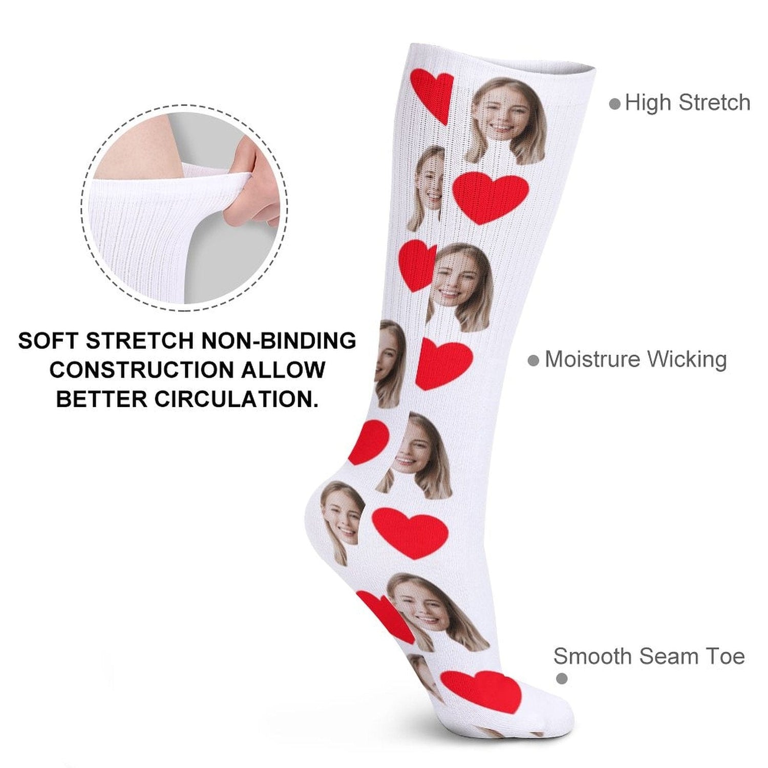 Red Heart Socks with Face Custom Personalized White Background Sublimated Crew Socks