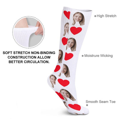 Red Heart Socks with Face Custom Personalized White Background Sublimated Crew Socks