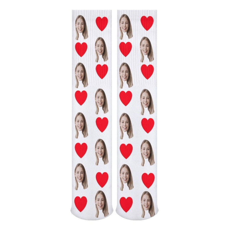 Red Heart Socks with Face Custom Personalized White Background Sublimated Crew Socks