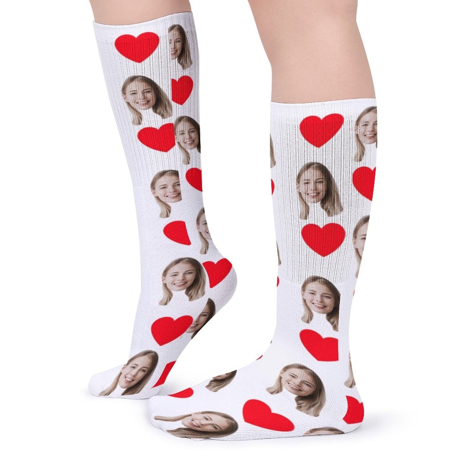 Red Heart Socks with Face Custom Personalized White Background Sublimated Crew Socks