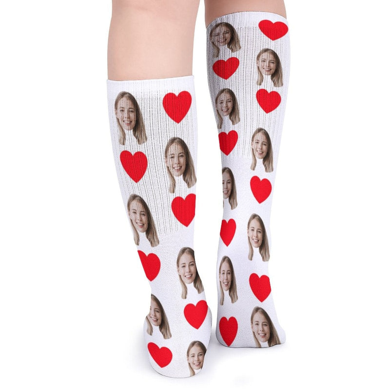 Red Heart Socks with Face Custom Personalized White Background Sublimated Crew Socks