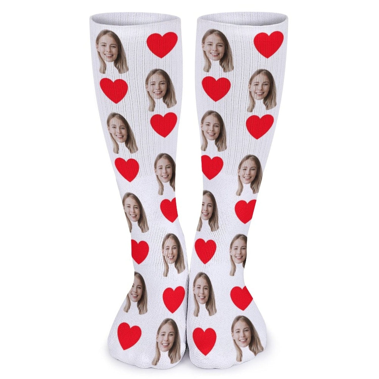 Red Heart Socks with Face Custom Personalized White Background Sublimated Crew Socks