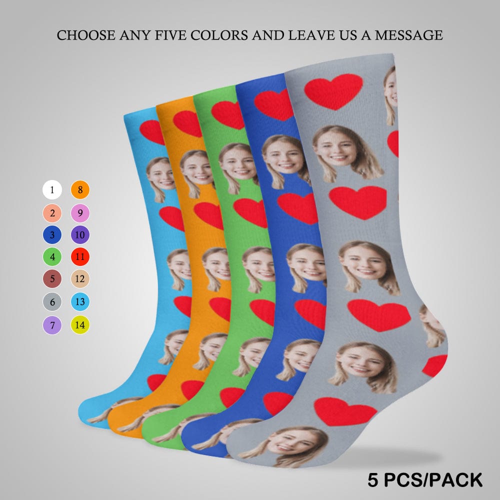 Red Heart Socks with Face Custom Personalized White Background Sublimated Crew Socks