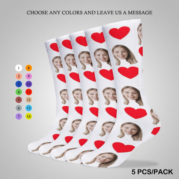 Red Heart Socks with Face Custom Personalized White Background Sublimated Crew Socks