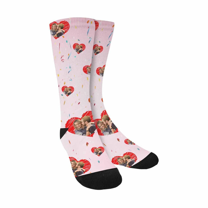 [Made In USA]Custom Couple Face Socks Personalized Love Heart Sublimated Crew Socks Unisex Gift for Men Women