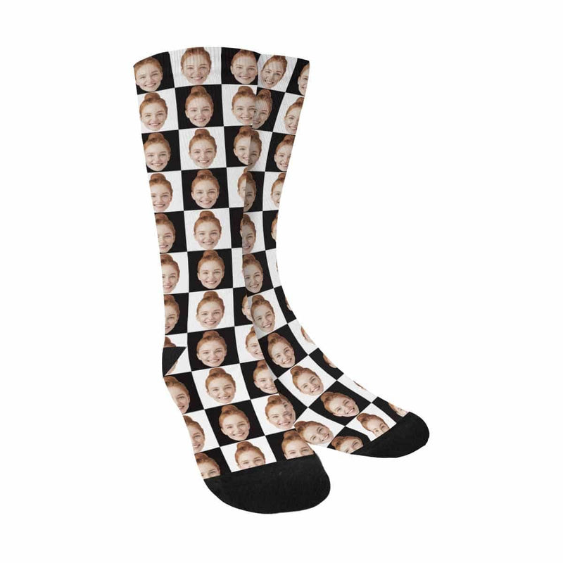 [Made In USA]Custom Face Black & White Grid Socks Personalized Sublimated Crew Socks Unisex Gift for Men Women