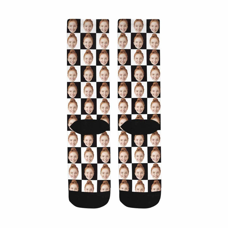 [Made In USA]Custom Face Black & White Grid Socks Personalized Sublimated Crew Socks Unisex Gift for Men Women