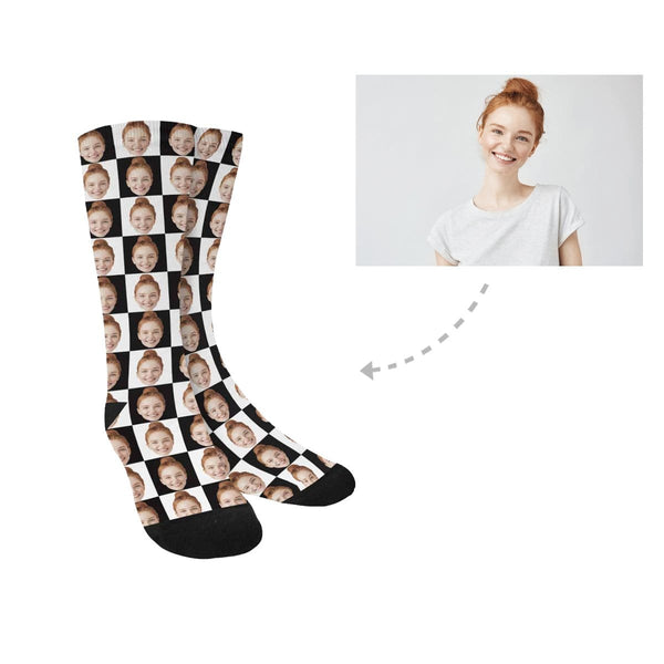 [Made In USA]Custom Face Black & White Grid Socks Personalized Sublimated Crew Socks Unisex Gift for Men Women