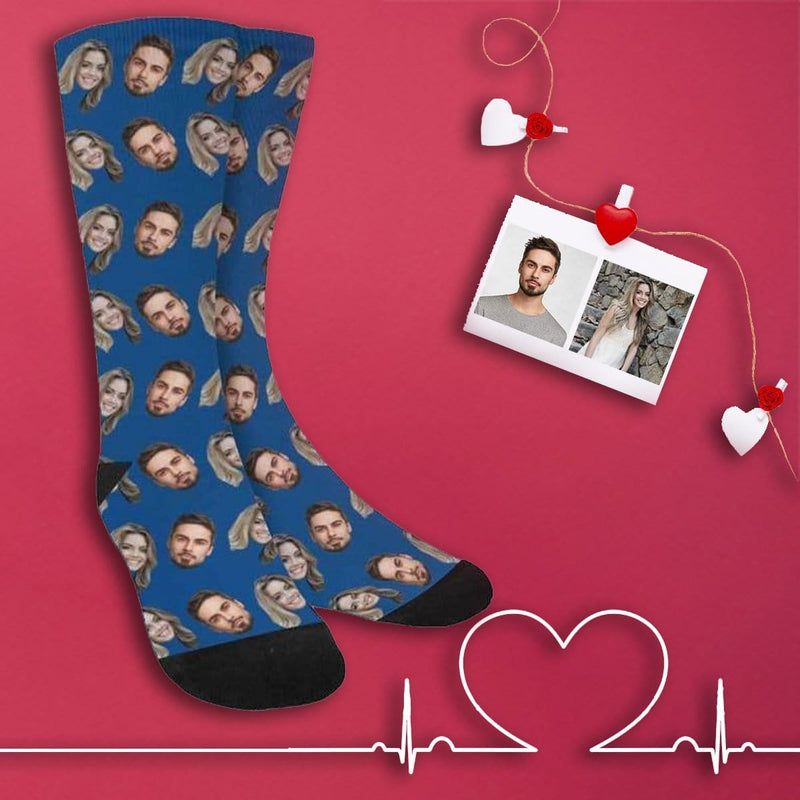 [Made In USA]Custom Face Blue Socks Personalized Photo Sublimated Crew Socks Unisex Gift for Men Women