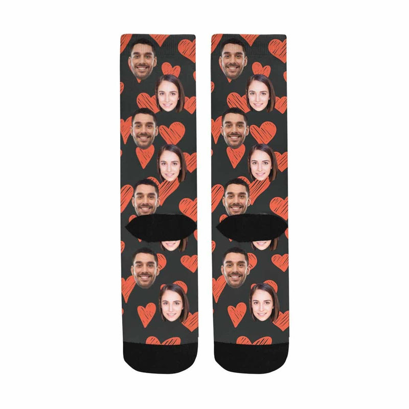 [Made In USA]Custom Face Couple Socks Personalized Photo Love Heart Sublimated Crew Socks