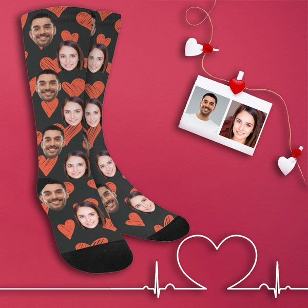 [Made In USA]Custom Face Couple Socks Personalized Photo Love Heart Sublimated Crew Socks