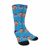 [Made In USA]Custom Face I Love You Blue Socks Personalized Photo Sublimated Crew Socks Unisex Gift for Men Women