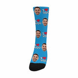 [Made In USA]Custom Face I Love You Blue Socks Personalized Photo Sublimated Crew Socks Unisex Gift for Men Women