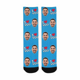 [Made In USA]Custom Face I Love You Blue Socks Personalized Photo Sublimated Crew Socks Unisex Gift for Men Women