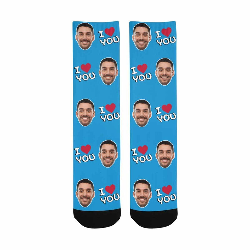 [Made In USA]Custom Face I Love You Blue Socks Personalized Photo Sublimated Crew Socks Unisex Gift for Men Women