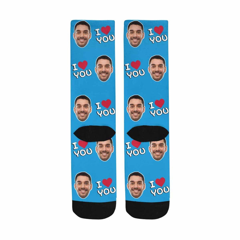 [Made In USA]Custom Face I Love You Blue Socks Personalized Photo Sublimated Crew Socks Unisex Gift for Men Women